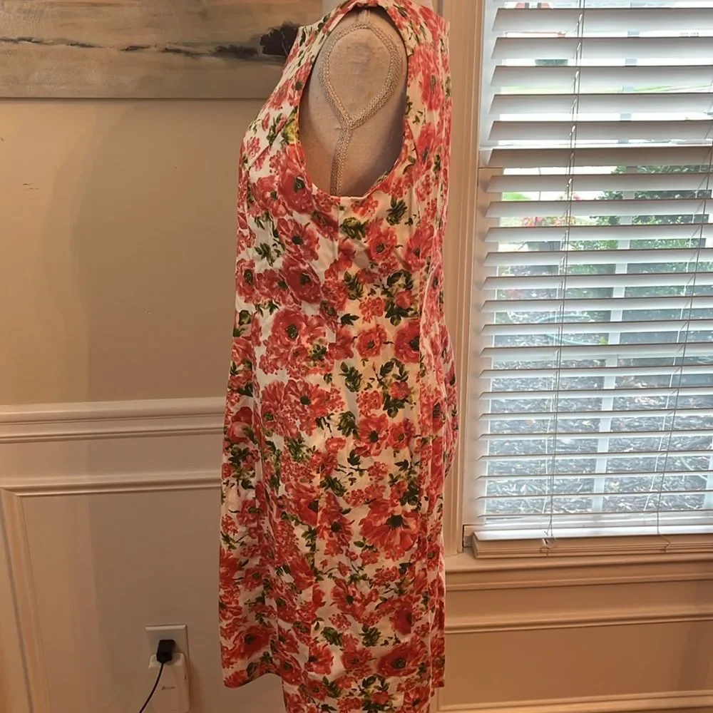 Talbots White and Coral Floral Sleeveless Midi Dress
